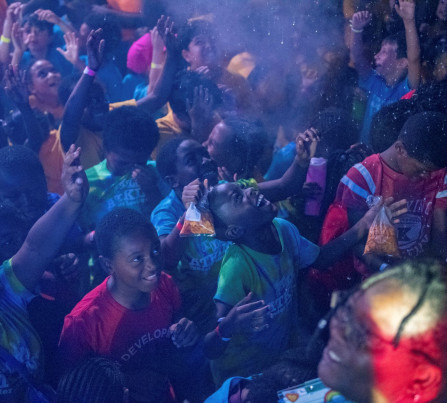 Youth attending Jamathon, hosted by Digital Vibez and supported by Children's Services Council, cheer during the event in 2026.