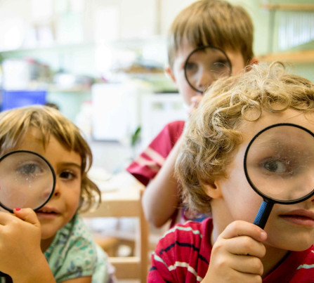 Three children in a preschool program look at the camera through magnifying lenses.